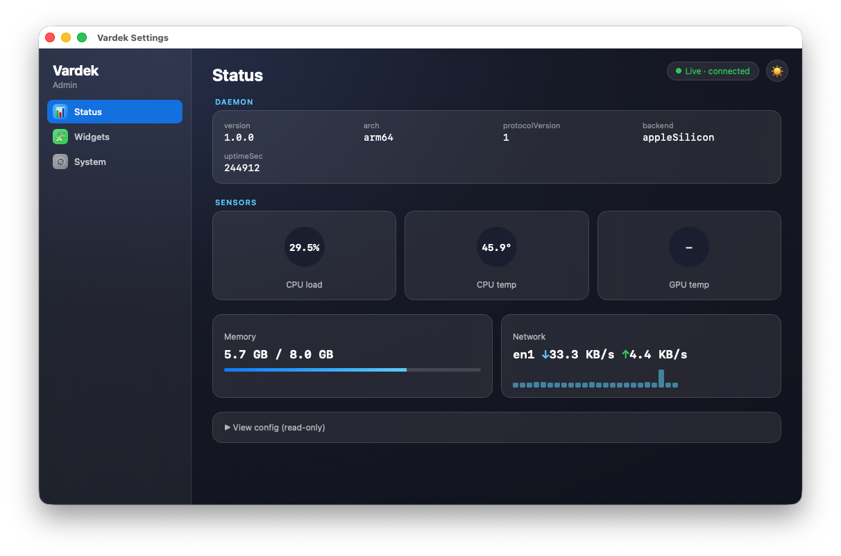 Vardek Admin — Status tab, showing daemon version and live CPU, memory, and network sensors