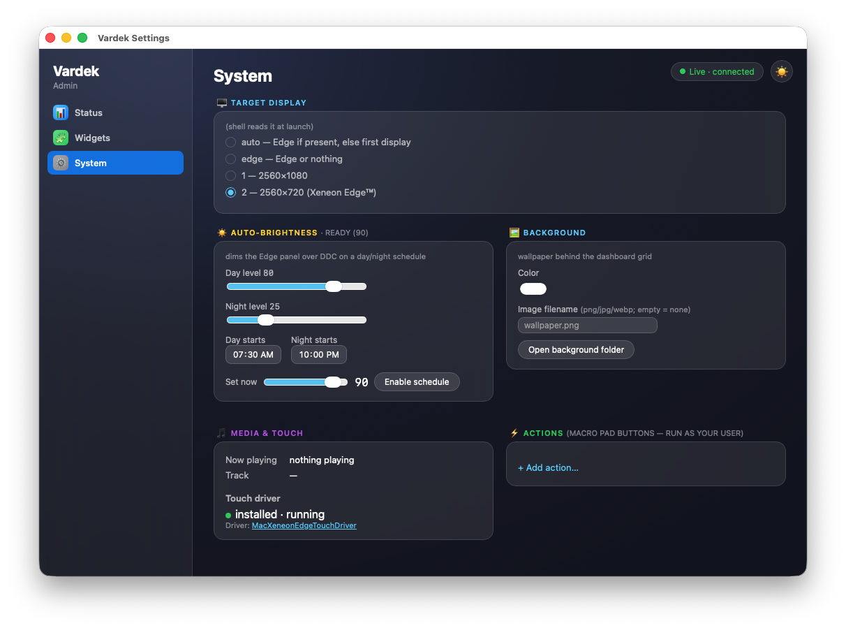 Vardek Admin — System tab, showing target display, auto-brightness schedule, background, and touch driver status