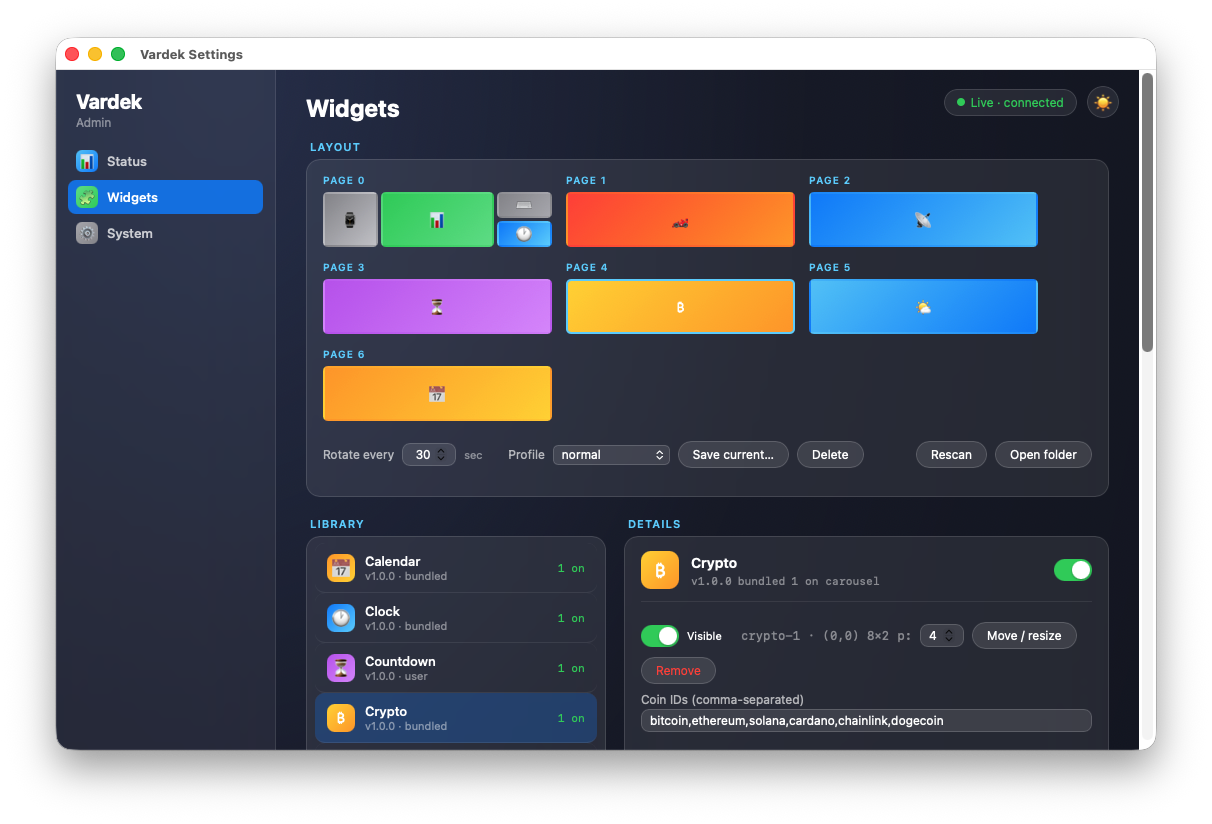 Vardek Admin — Widgets tab, showing the carousel page layout, widget library, and per-widget settings