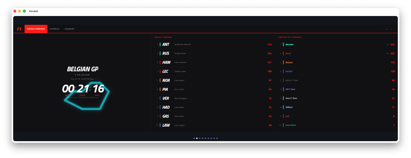 Vardek F1 schedule widget